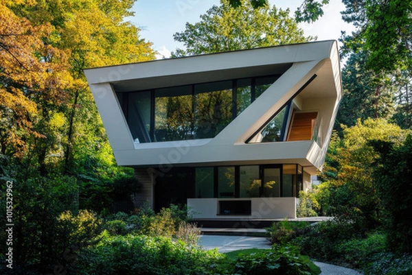 Obraz Luxurious tiny house with sharp geometric angles is blending into a lush green forest