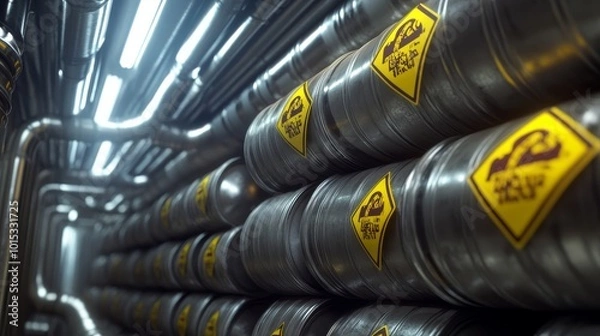 Fototapeta Hazardous Industrial Barrels - A towering stack of industrial metal barrels, each marked with bright yellow hazard signs, creates a visually striking and ominous scene.