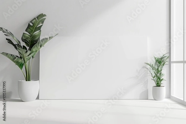 Fototapeta Blank white poster board leaning against a wall with potted tropical plants on either side in a bright interior space. Mockup.  Generative AI