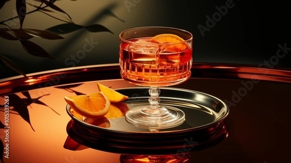 Fototapeta Elegant iced Negroni cocktail on a golden saucer with shadows