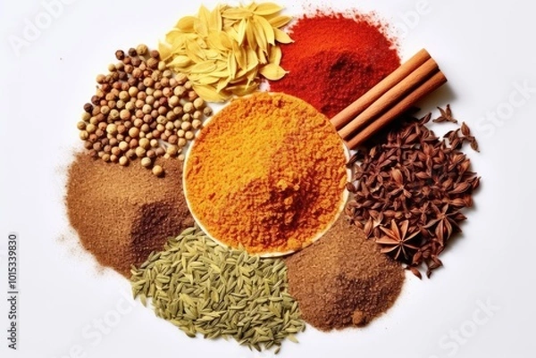 Fototapeta Assorted spices and seeds isolated on white top view