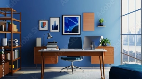 Fototapeta Modern home office workspace with blue and white accents, featuring a comfortable desk chair and a spacious desk. The pale background creates a serene and minimalist atmosphere.