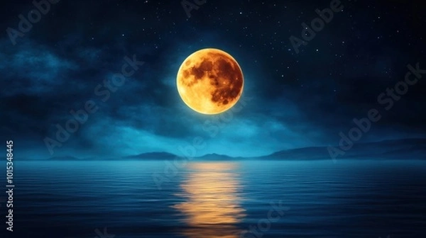 Fototapeta Full Moon Over Tranquil Ocean at Night, AI