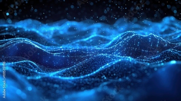 Fototapeta Blue digital particles wave flow, abstract background of digital cyberspace