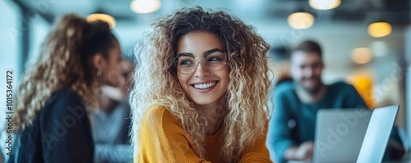 Obraz A diverse team of young adults engaging in a meeting with a laptop in a bright, modern office, conveying a dynamic and collaborative work atmosphere, Generative AI