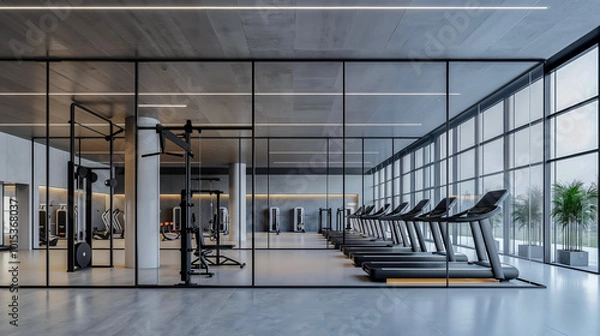 Fototapeta A gym with treadmills, elliptical machines and other equipment in a large room