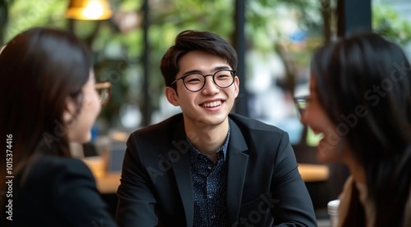 Fototapeta Young Asian Businessman and Two Female Colleagues Smiling During Office Meeting Around Conference Table, Representing Team Collaboration and Professional Success in a Modern Office Setting
