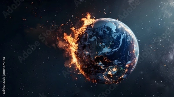 Fototapeta Global warming concept planet earth engulfed in flames, climate change apocalypse, fiery destruction in space