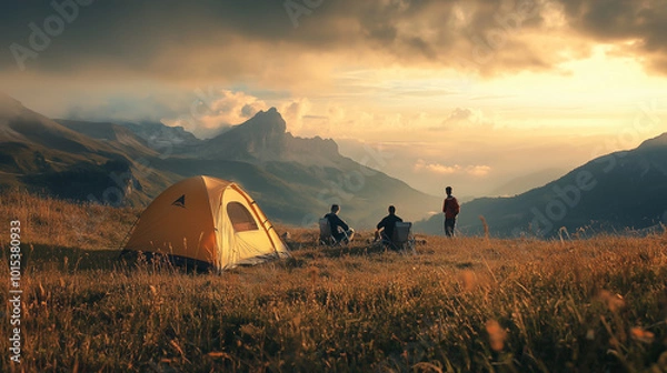 Fototapeta Autumn Camping Adventure in the Mountains With Friends Surrounded by Breathtaking Views and a Warm Golden Sunset