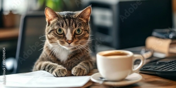 Fototapeta A curious cat sits at a cozy home office desk. Next to a cup of coffee, the furry friend watches intently. Ideal for pet lovers and remote work themes. AI
