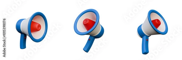 Obraz 3D render of a megaphone from different angles. Isolated on a transparent background