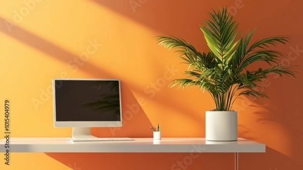 Fototapeta A minimalist home office with an orange accent wall, a sleek white desk, and a potted plant adding freshness to the space.