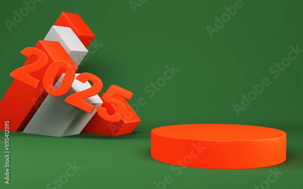 Fototapeta 2025 new year digits with blocks and podium on green background