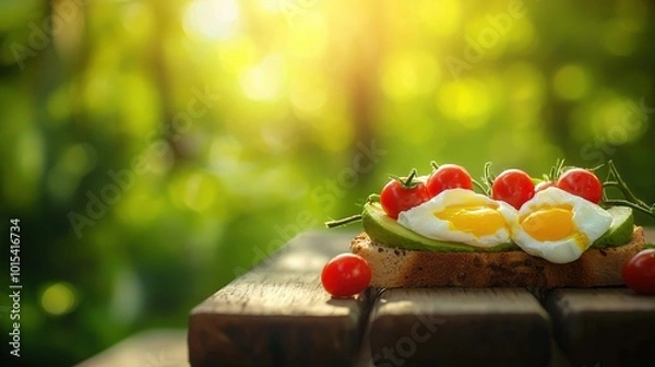 Fototapeta   A close-up of a slice of bread adorned with juicy tomatoes and a perfectly cooked egg perched atop, resting on a wooden table surface
