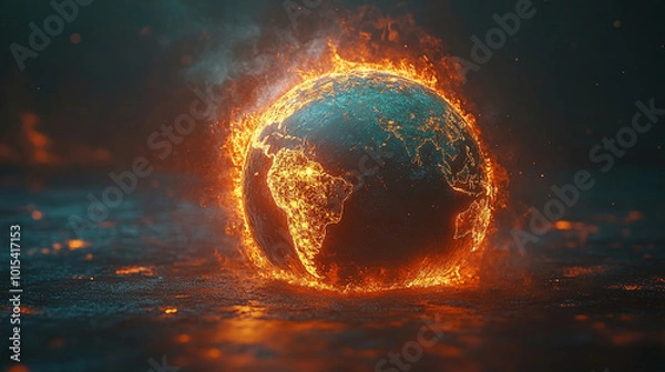 Fototapeta Earth's half burning, symbolizing the dire consequences of global warming. This image evokes urgency, highlighting the critical climate crisis and the need for immediate action