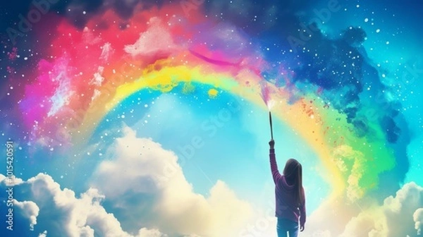 Obraz A girl reaches up, painting a stunning rainbow against a night sky filled with stars. The ethereal scene combines the magic of the cosmos with vibrant colors, evoking wonder and limitless