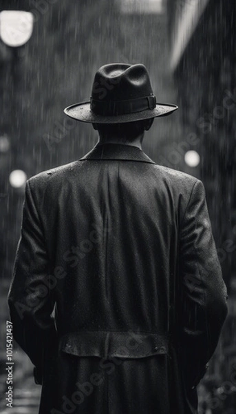 Fototapeta Noir film back view of 40s detective wearing hat standing under the rain with hands in pockets