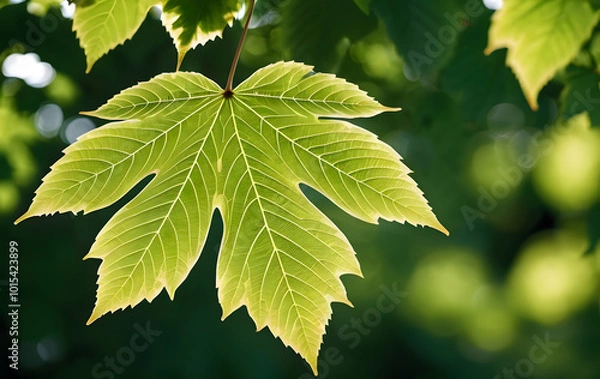 Fototapeta A chestnut leaf in summer against a background in delicate bokeh in the colors white grape and garden green, Germany.