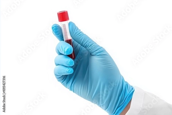 Fototapeta Healthcare professional holds a blood sample in a test tube while wearing blue gloves in a lab environment during daylight hours