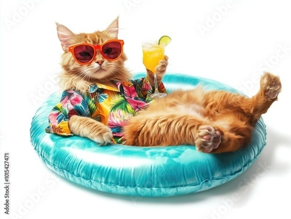 Obraz A relaxed orange cat in sunglasses enjoying a tropical drink on a colorful floatie during the summer at home