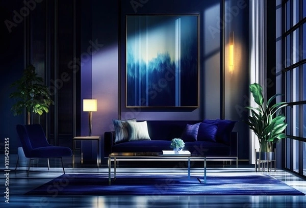 Fototapeta Elegant modern living room with deep blue tones and stylish decor illuminated by soft lighting in a contemporary interior space