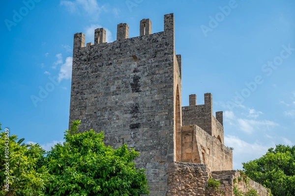 Fototapeta Alcudia, Mallorca Porta del Moll side view during great weather, vertical shot, majorca