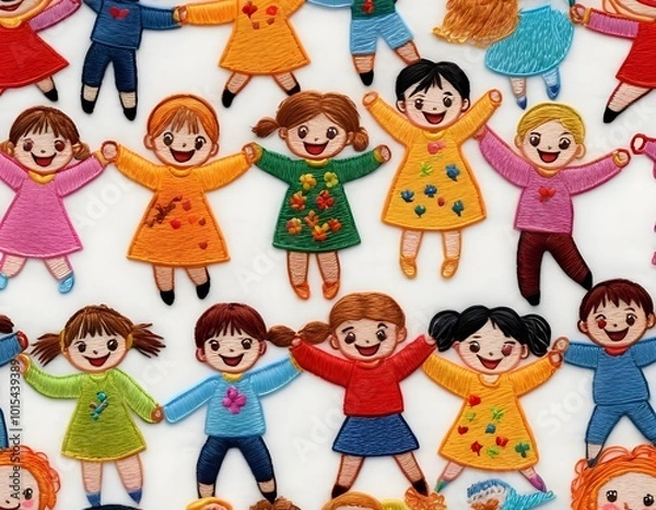 Fototapeta Group of cheerful children jumping joyfully while holding hands in a vibrant, colorful setting