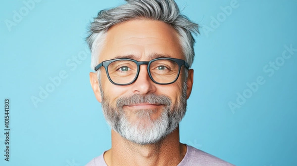 Fototapeta A middle-aged man with gray hair and a beard smiles gently into the camera, wearing glasses.