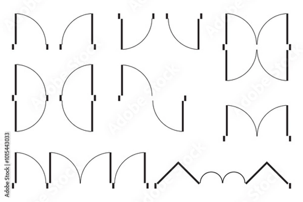 Fototapeta Set of door icons for floor plan. Entrance and exit signs for architecture floorplan in top view. Elements for drawing project isolated on white background. Vector graphic illustration