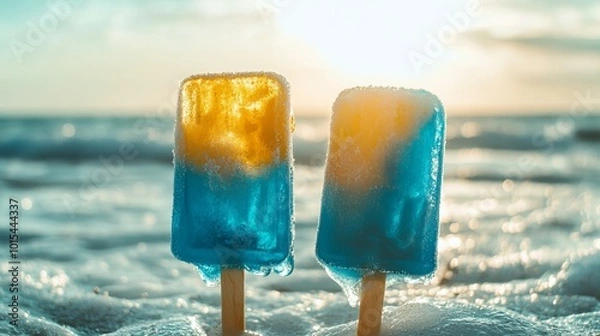Obraz Golden and azure frozen confections succumb to the scorching heat, embodying the relentless wrath of summer. 