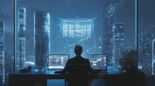 Fototapeta Businessman working at his desk overlooking a city skyline at night.