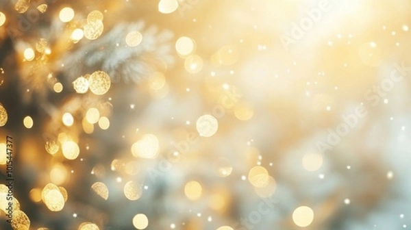 Fototapeta Defocused golden bokeh lights with warm holiday glow. Banner. copy space