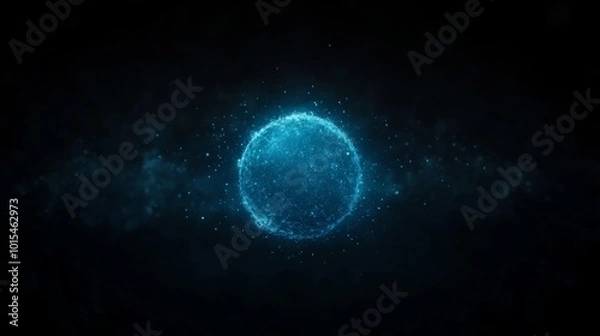 Fototapeta A frozen, sapphire-blue planet floats in the dark void of space, surrounded by rings of ice particles and wisps of cosmic dust glowing softly in starlight