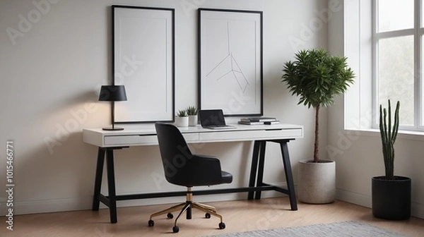Fototapeta A study or a small office room interior design with decoratives, accessories and poster frame mock-up on the wall 3d illustration.