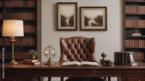 Fototapeta A study or a small office room interior design with decoratives, accessories and poster frame mock-up on the wall 3d illustration.