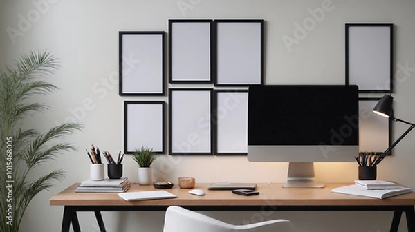Fototapeta A study or a small office room interior design with decoratives, accessories and poster frame mock-up on the wall 3d illustration.