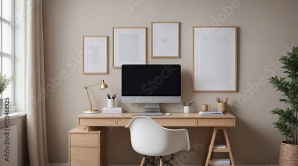 Obraz A study or a small office room interior design with decoratives, accessories and poster frame mock-up on the wall 3d illustration.