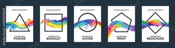 Obraz Watercolor rainbow background over geometric frame vector design headline, logo and sale banner template set