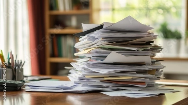 Obraz Cluttered workspace with documents stacked high on desk symbolizing paperwork overload productivity challenges and the need for organization in a corporate environment