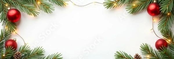Fototapeta festive Christmas-themed border frame composed of pine branches with red baubles, pine cones, Christmas lights on white background. seasonal promotions, e-commerce, header, email newsletter concept.