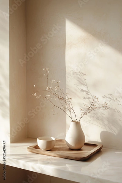 Obraz A minimalist interior arrangement at a corner, featuring a white cup and dried flowers in a vase on wood tray on surface. Sunlight filters through a window, casting shadows on the wall. Still Life.