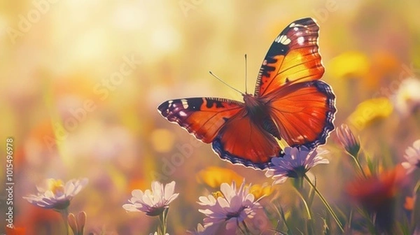 Fototapeta A butterfly perched on a blooming flower, with vibrant colors in both the wings and petals, set in a sunny meadow.