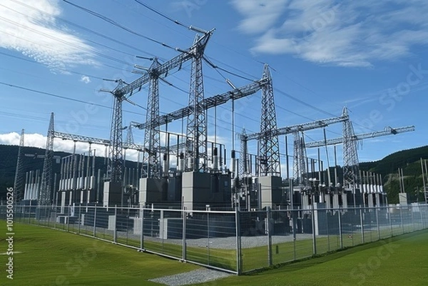 Fototapeta A large power station stands prominently against a backdrop of mountains and blue sky, showcasing its towering structures and extensive electrical equipment
