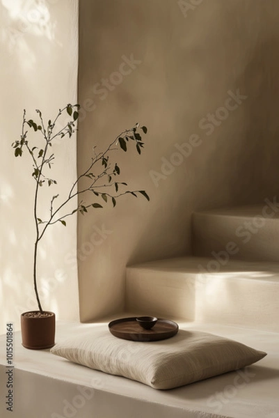 Fototapeta A minimalist beige interior with natural textures and soft lighting. A ceramic cup in tray placed on a pillow and a tree branch in ceramic pot on stone steps.