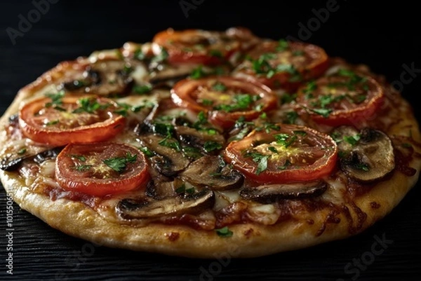 Fototapeta Deliciously baked pepperoni pizza with melted cheese and herbs served fresh from the oven