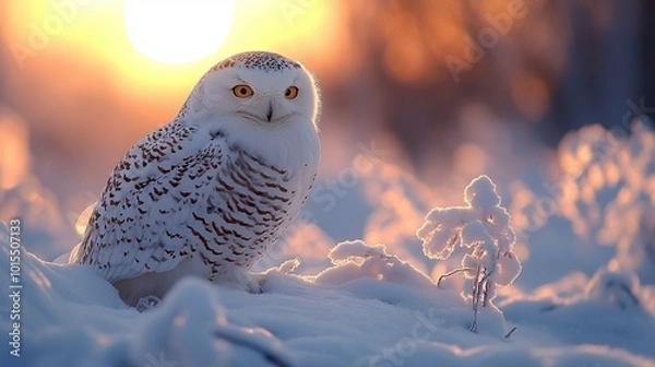 Obraz this A snowy owl blending into the snowy, frost-covered landscape of its Arctic home.
