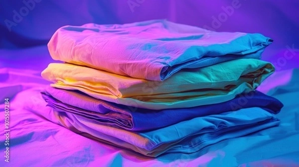 Fototapeta  A bed with a pile of pillows in front of a lit purple and blue room