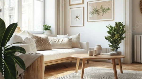 Fototapeta A spacious living room with a white couch, a coffee table, and a large window. The couch is covered with throw pillows and a blanket