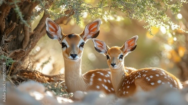 Obraz the A mother impala and her fawn resting under the shade of an acacia tree.