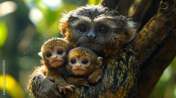 Fototapeta the A mother marmoset and her babies clinging to her fur in the treetops of the rainforest.